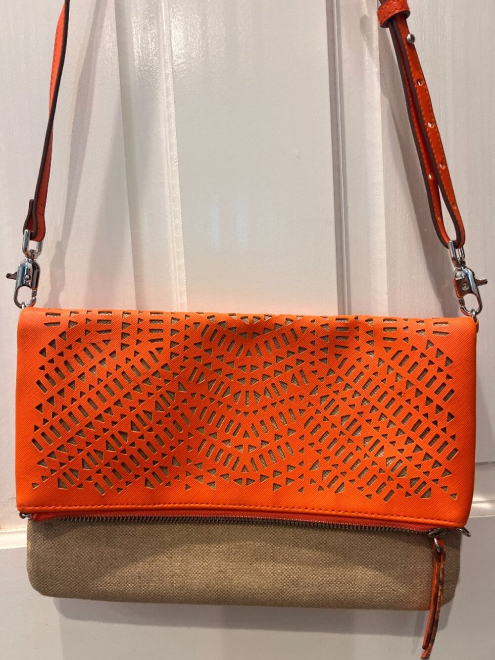 Stella & Dot Orange Leather & Khaki Canvas Crossbody or Clutch Purse/Bag